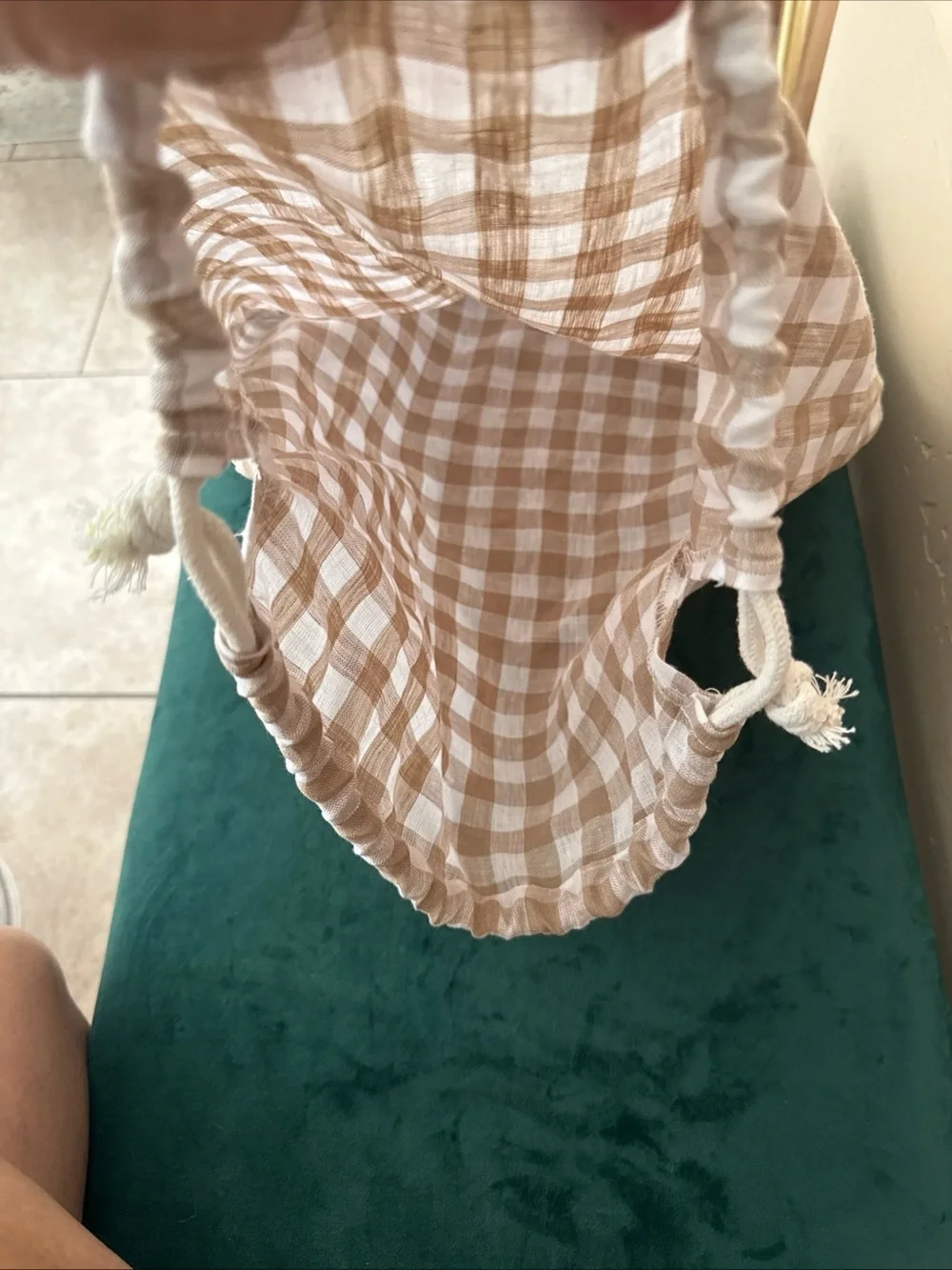 Quince Beige Gingham Linen Drawstring Sheets Purse  Bag King